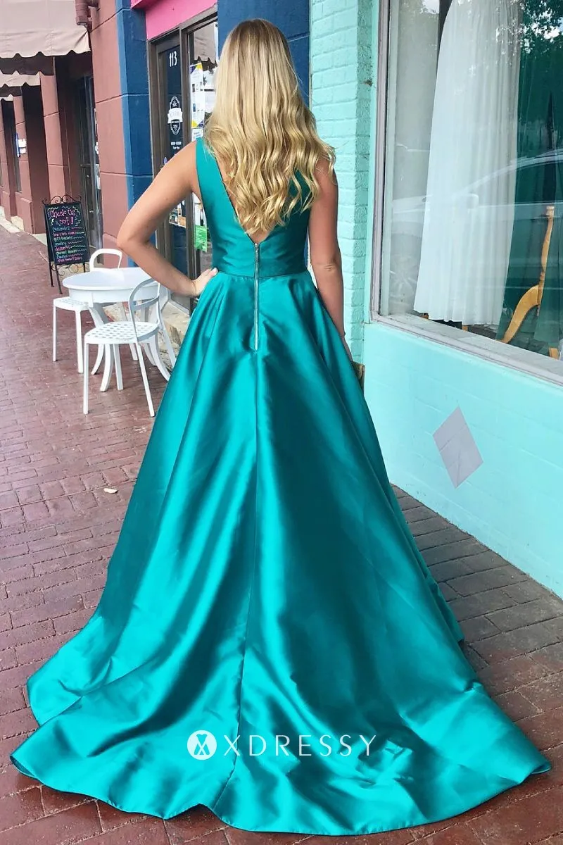 low V back cyan satin sleeveless prom ball gown low V back cyan satin sleeveless prom ball gown
