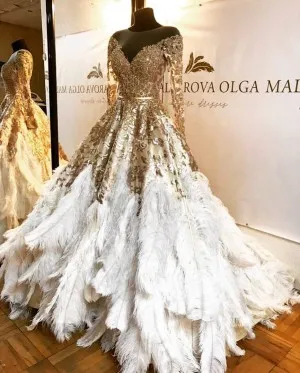 luxury gold sequin white feather prom ball gown