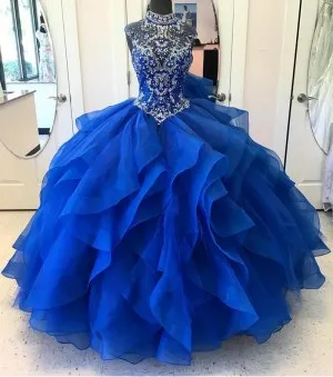 beaded high neck ruffled organza blue ball gown