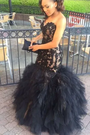 strapless black lace tulle trumpet formal dress