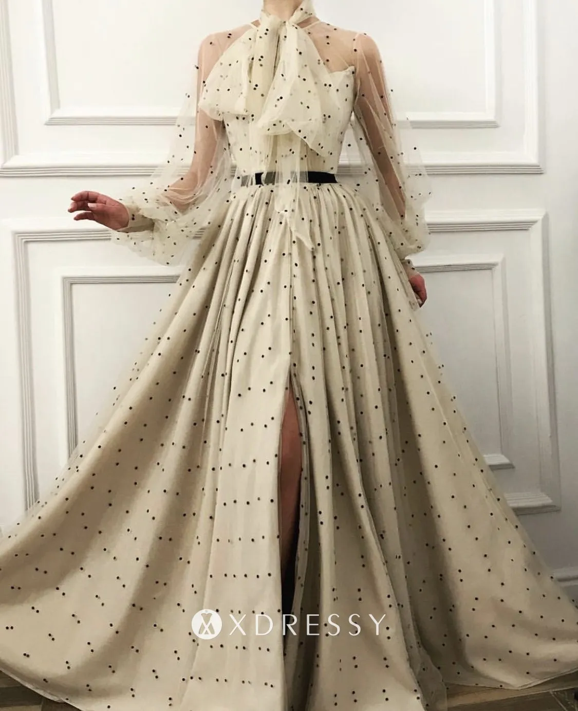 black polka dot side slit formal gown black polka dot side slit formal gown