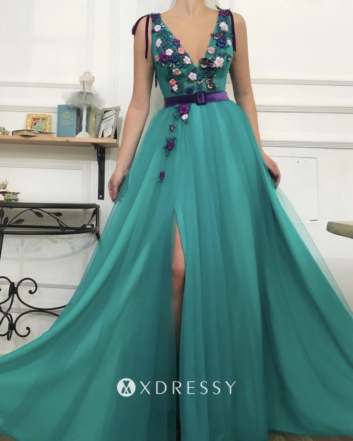 3D flowers V neck teal tulle fairy evening dress 3D flowers V neck teal tulle fairy evening dress