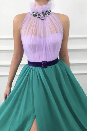 diamond high neck sheer tulle teal evening dress