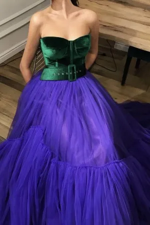 strapless emerald bluish purple evening dress