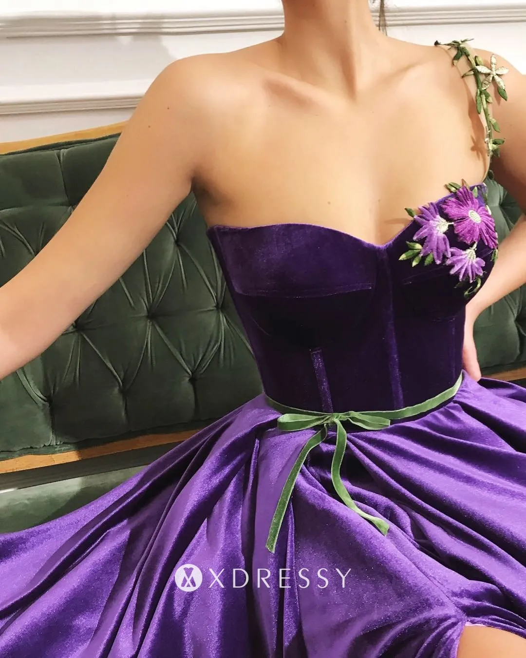 asymmetrical flowers embellishment purple velvet ball gown asymmetrical flowers embellishment purple velvet ball gown