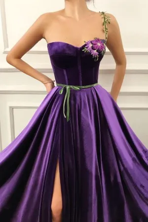 asymmetrical single strap purple velvet ball gown