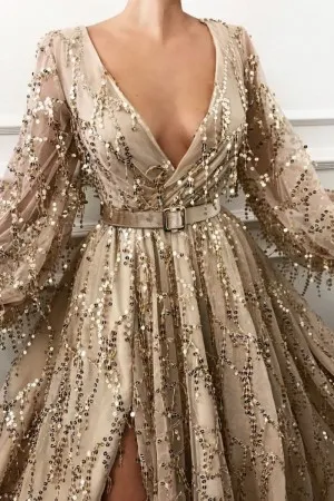 gold sequin tulle long sleeve puffy prom gown