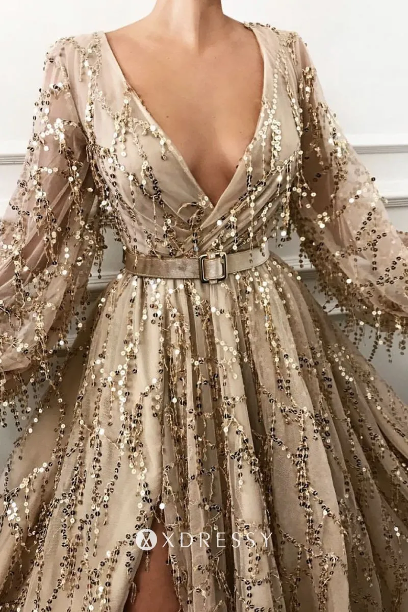gold sequin tulle long sleeve puffy prom gown gold sequin tulle long sleeve puffy prom gown