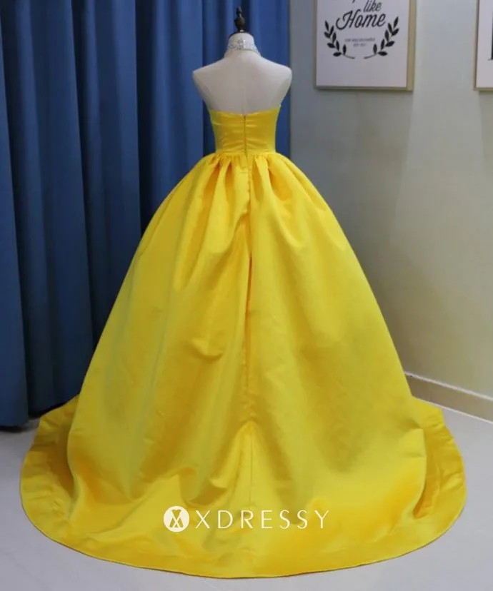 low back mango yellow satin prom ball gown