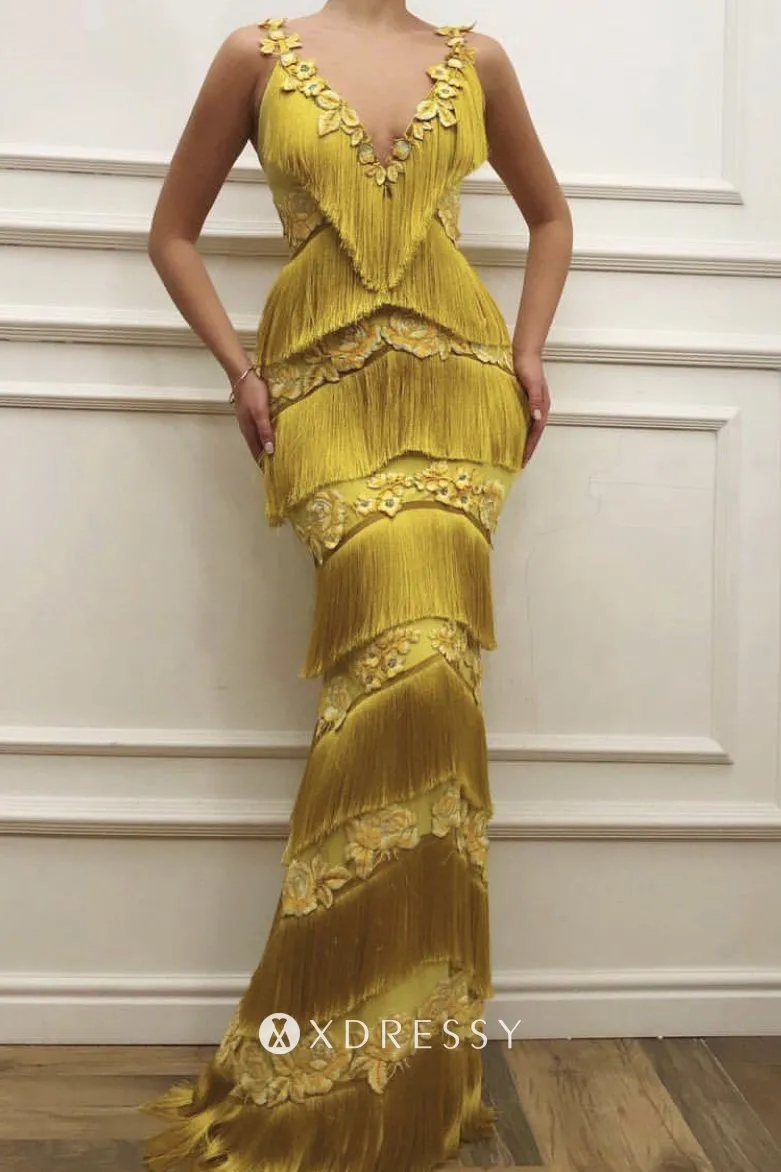 V Neck Yellow Tassel Slim Fit Mermaid Formal Gown Xdressy