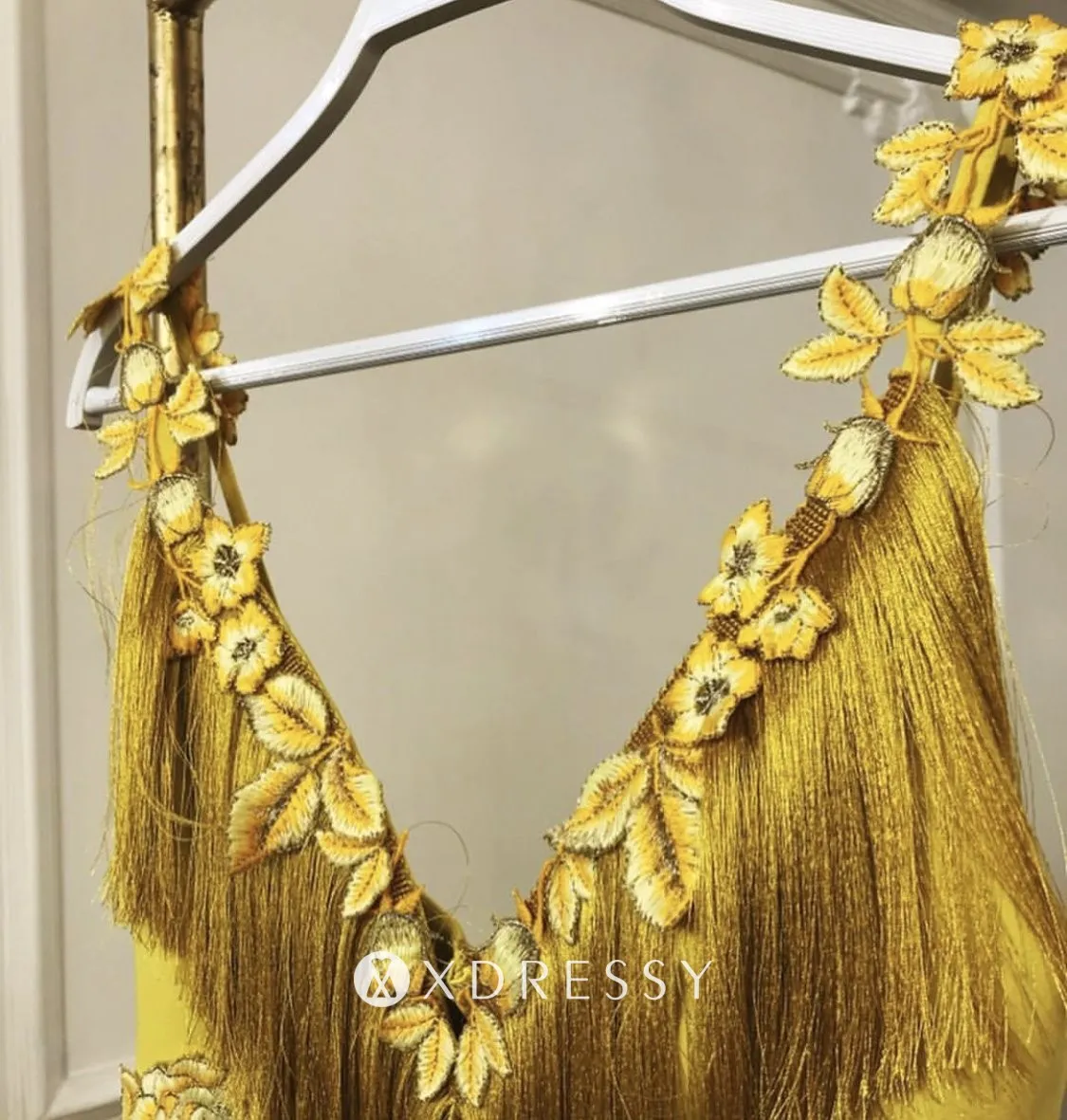 floral V neck yellow tassel formal gown floral V neck yellow tassel formal gown