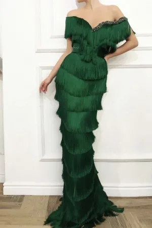green tiered tassel slim fit beaded formal dress