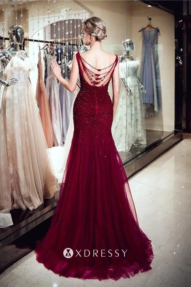 U back with straps beaded burgundy tulle formal dress