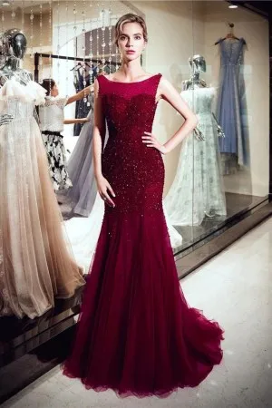 beaded burgundy tulle mermaid long formal dress