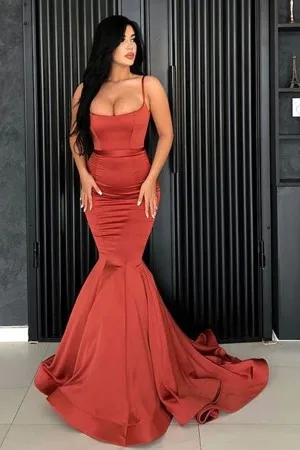 spaghetti straps red satin trumpet long prom dress