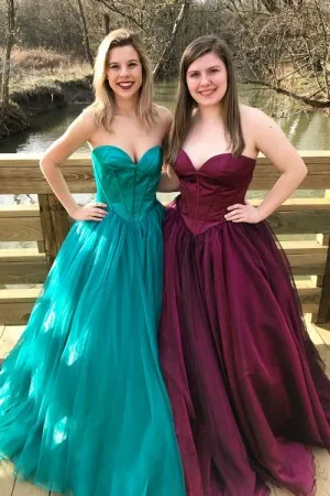 strapless sweetheart satin tulle long prom dress