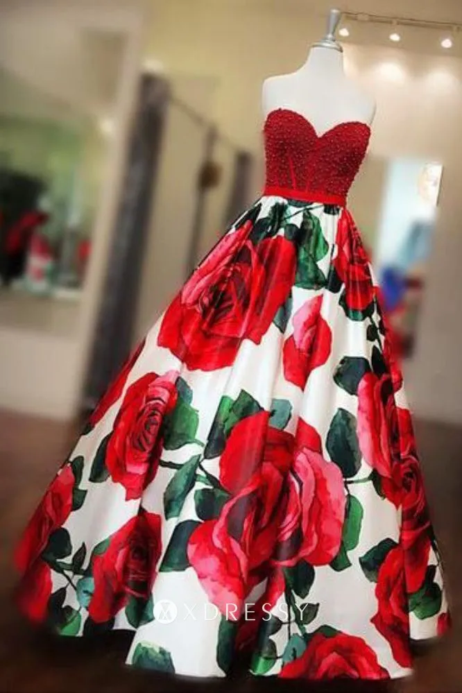 red pearls bodice rose flowers ball gown
