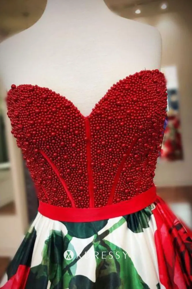 red pearls sweetheart bodice rose flowers ball gown