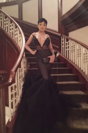 plunging neck sheer lace tulle trumpet prom gown