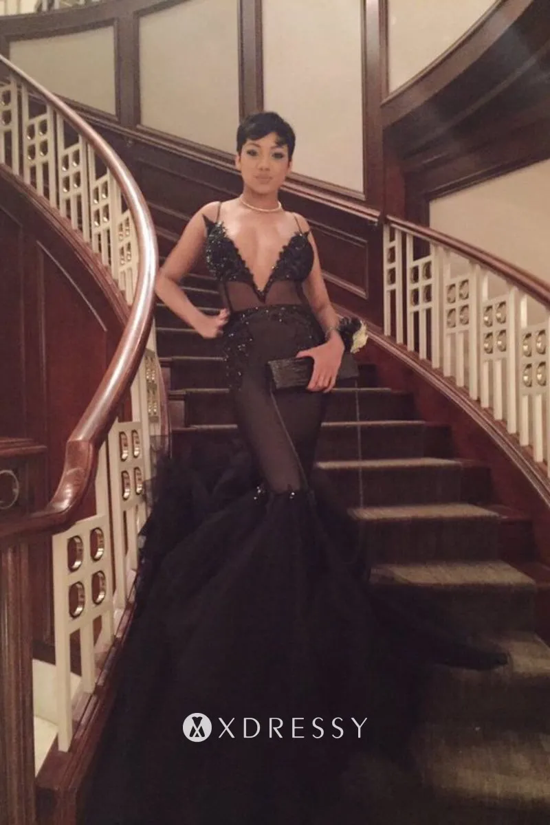 plunging neck sheer lace tulle trumpet prom gown