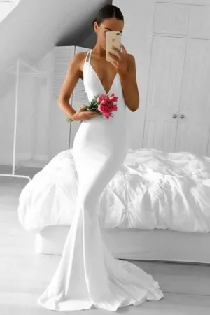 plunging V neck white body hugging long prom dress