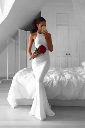 halter neck slim fit white mermaid long prom dress