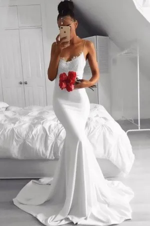 spaghetti straps lace appliqued white prom dress