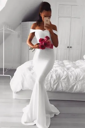 feminine off the shoulder white mermaid prom dress