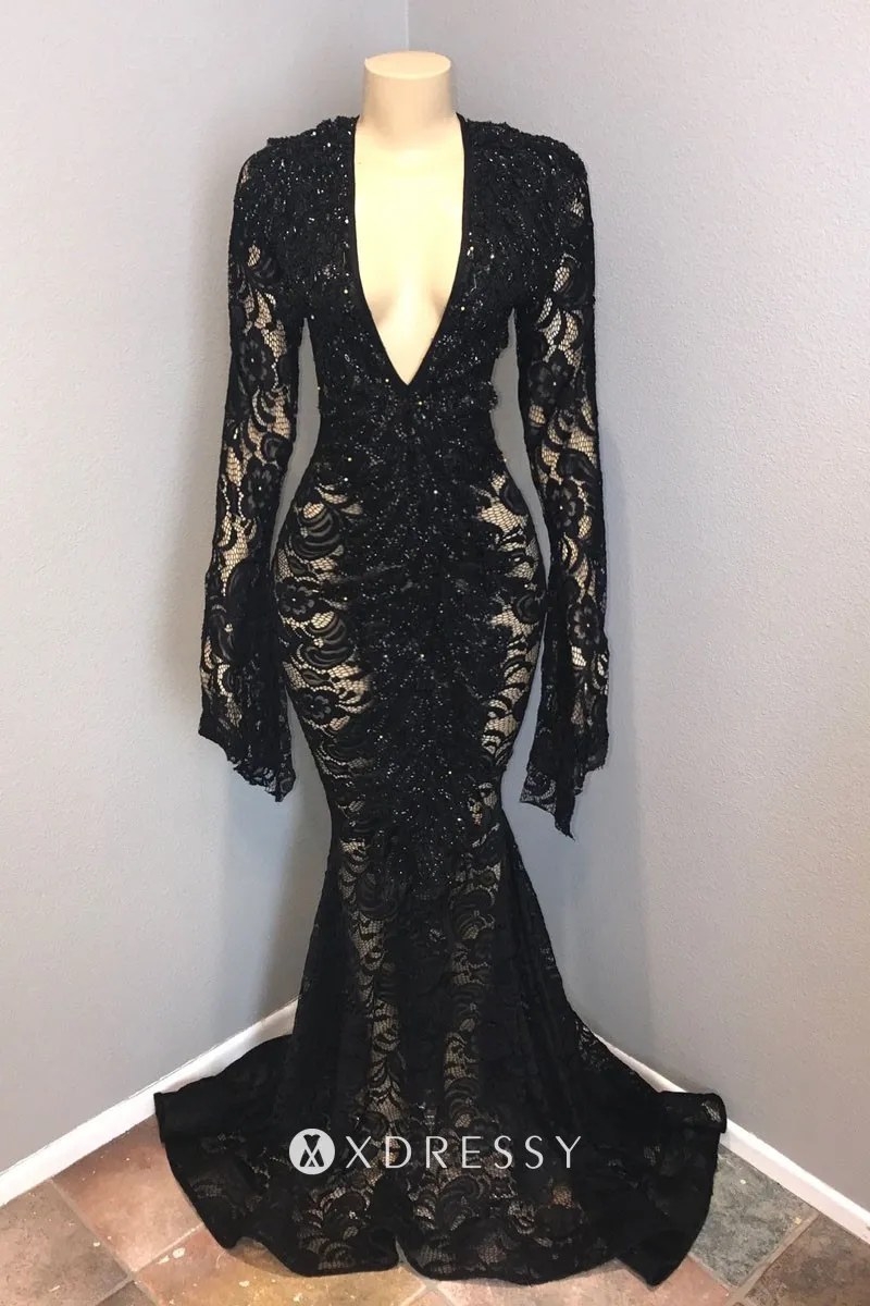 Black Sheer Lace Plunging V Neck Sexy Prom Dress - Xdressy