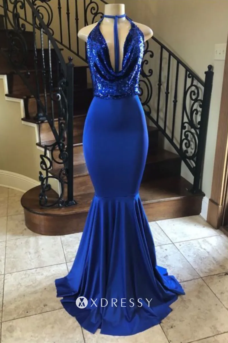 Royal blue sequin and satin cowl neck prom dress Royal blue sequin and satin cowl neck prom dress