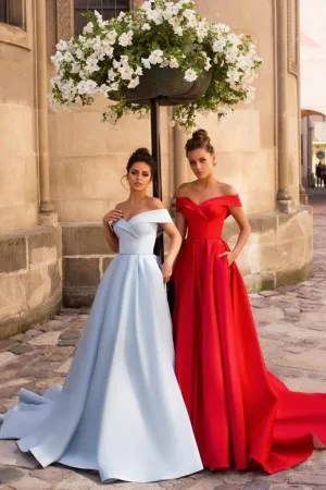off the shoulder A line prom dress with pockets