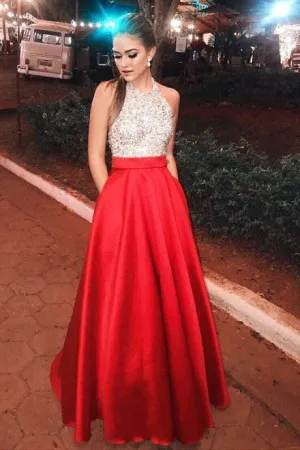 beaded bodice red satin crew halter neck prom gown