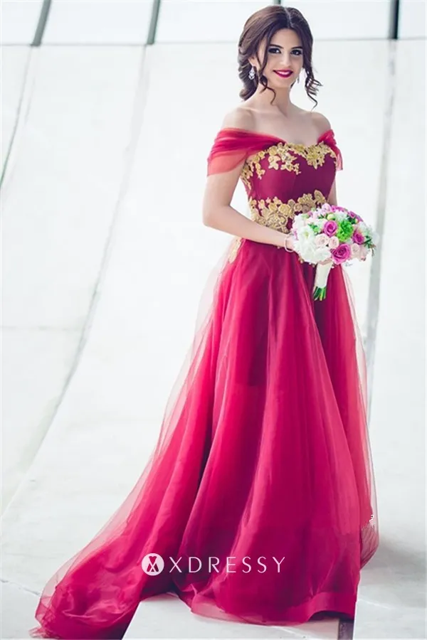 red tulle gold lace off the shoulder formal dress