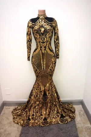 sparkly gold sequin black lining mermaid prom gown