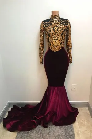 high neck gold sequin plum velvet long prom dress