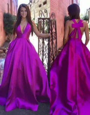 plunging V neck magenta satin pageant ball gown