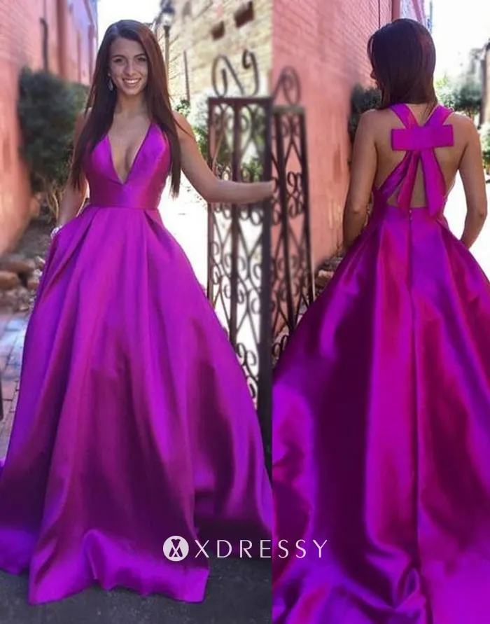 plunging V neck magenta satin pageant ball gown plunging V neck magenta satin pageant ball gown