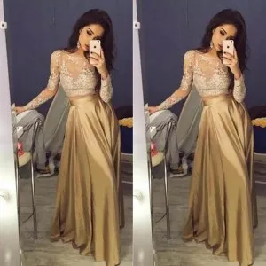 illusion neck peanut lace satin long prom dress