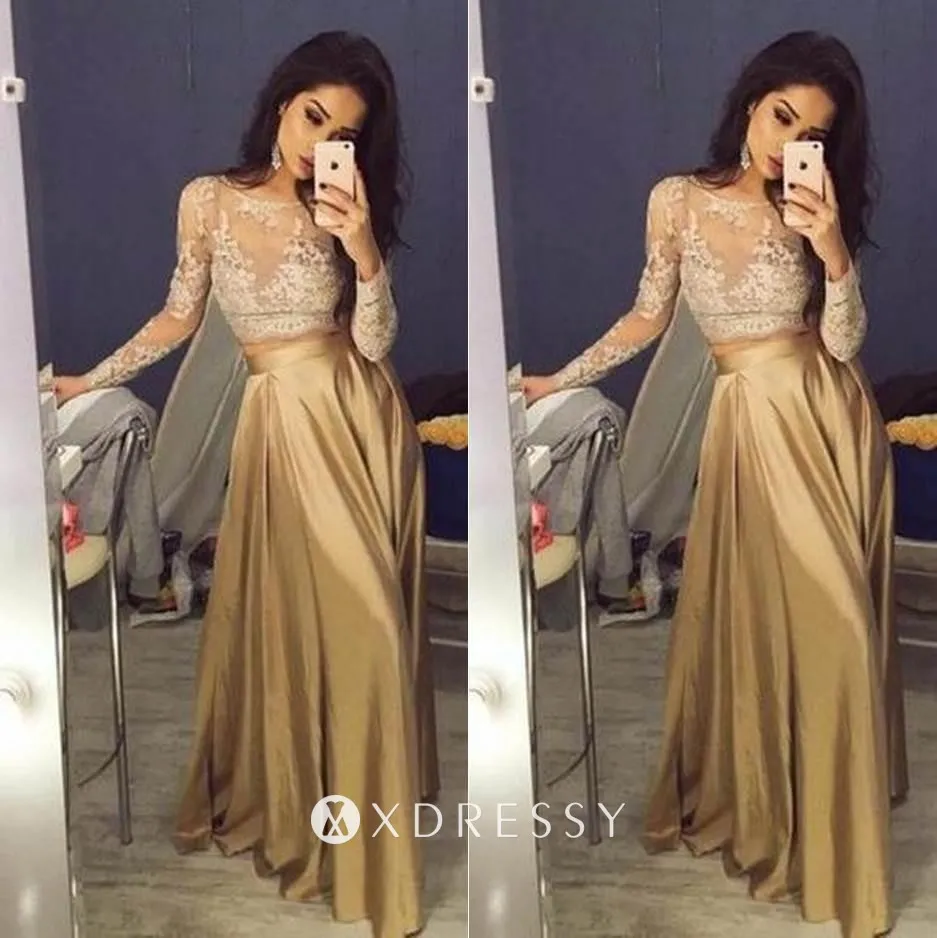 Empire Waist Beaded Lace & Gold Tulle Prom Dress - Xdressy