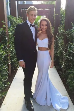 two piece white spandex long engagement prom dress