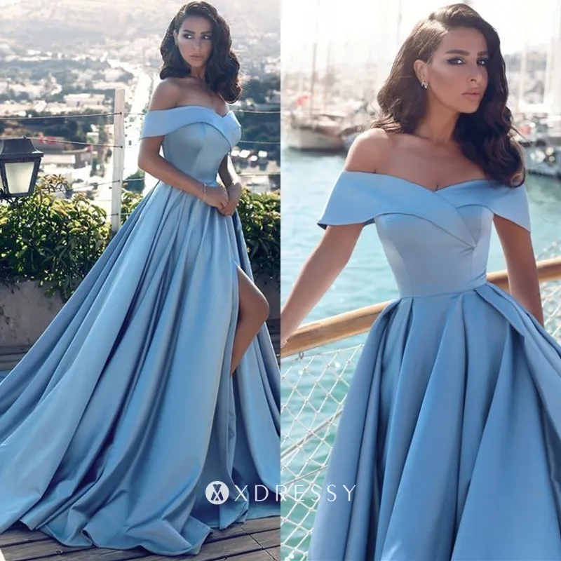 sexy high slit off the shoulder sky blue formal ball gown sexy high slit off the shoulder sky blue formal ball gown