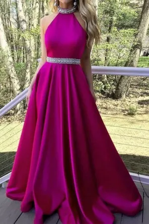 beaded halter waistline magenta satin prom dress