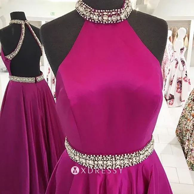 beaded magenta satin prom dress