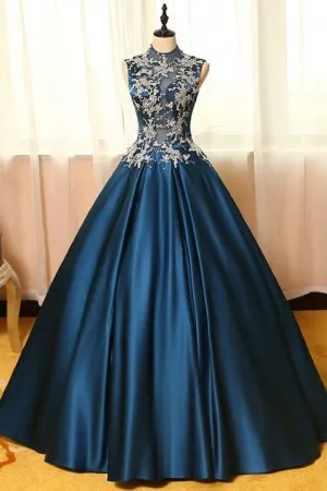 lace appliqued navy blue vintage formal ball gown