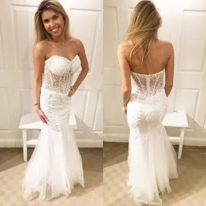strapless beaded illusion bodice white prom dress