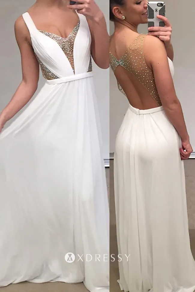 pearls embellished white chiffon long prom dress