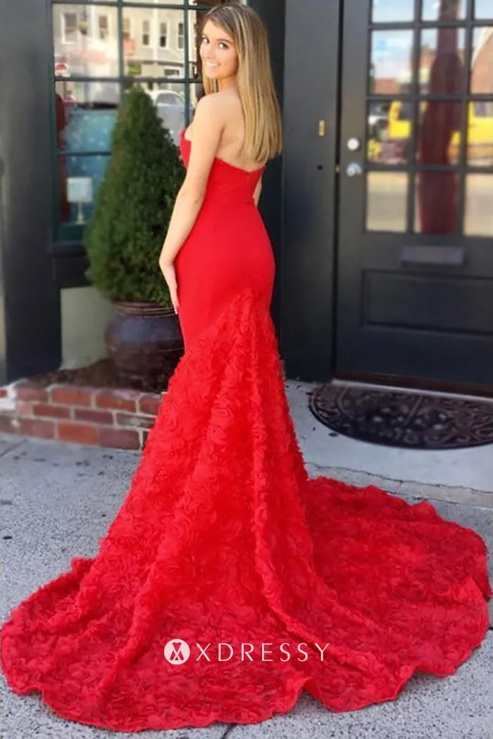 low back red 3D rosette long train prom dress