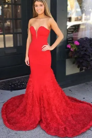 red 3D rosette long train fit and flare prom dress
