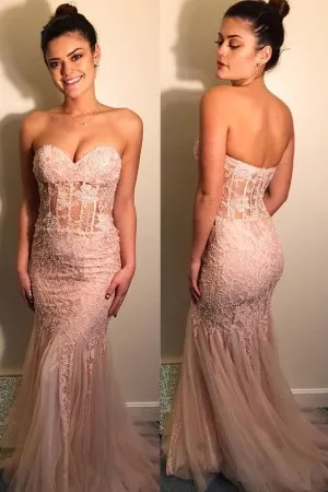 strapless lace pearls nude pink mermaid prom dress