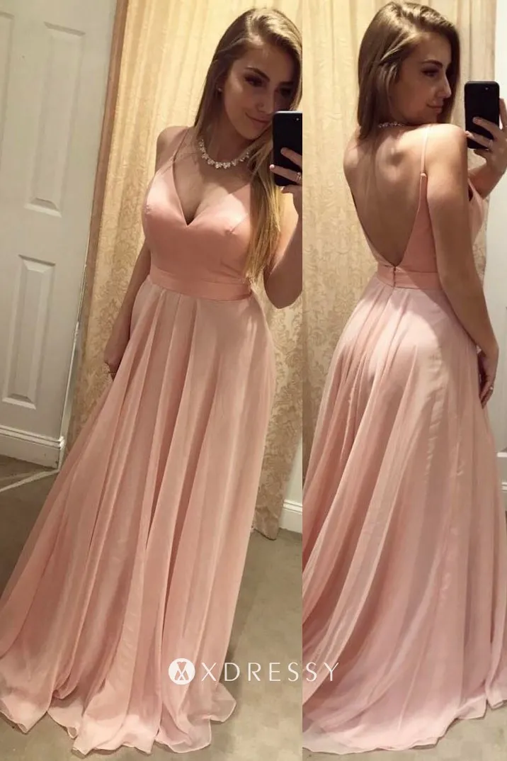 spaghetti straps V back pink A line prom dress